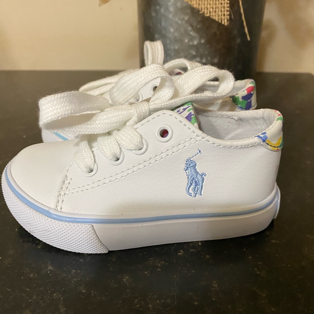 Polo by Ralph Lauren Toddler Girls White Sneakers with Floral Trim